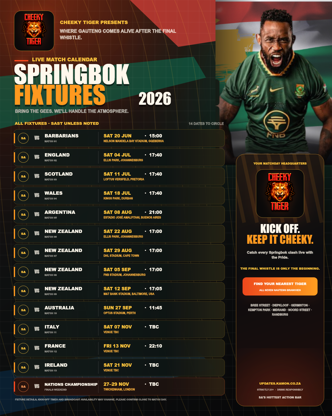 Springbok Fixtures 2026 at Cheeky Tiger Johannesburg