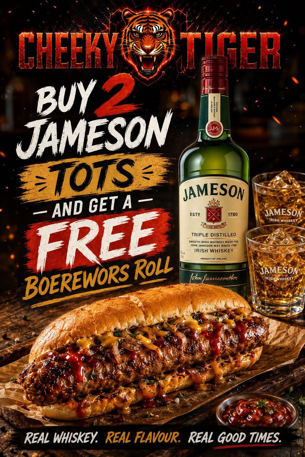 Buy 2 Jameson Tots, Get a Free Boerewors Roll at Cheeky Tiger Johannesburg
